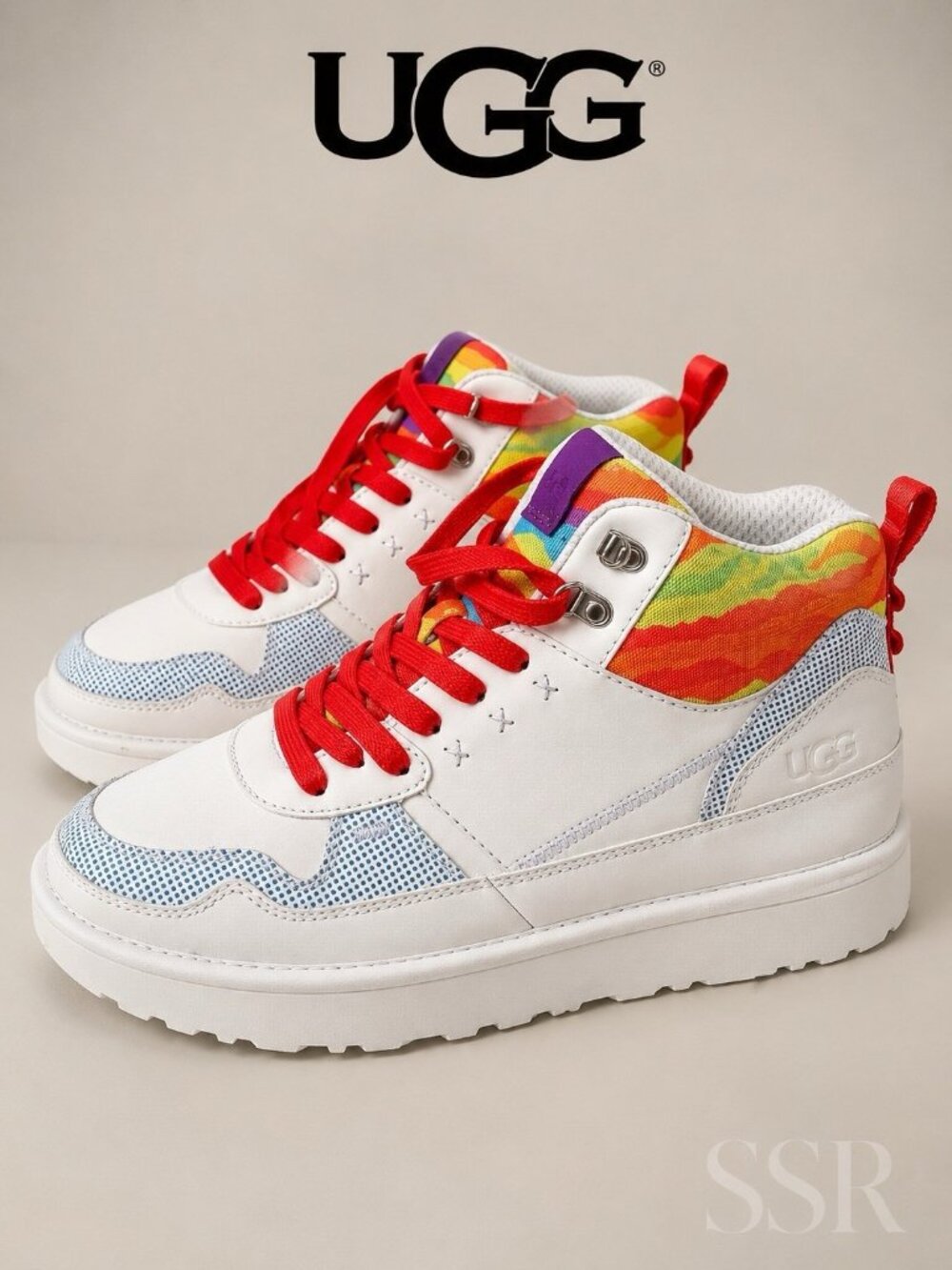 UGG Pride Highland Hi Cali Collage Sneakers Rainbow White Leather NWOB 9.5 - Picture 2 of 12